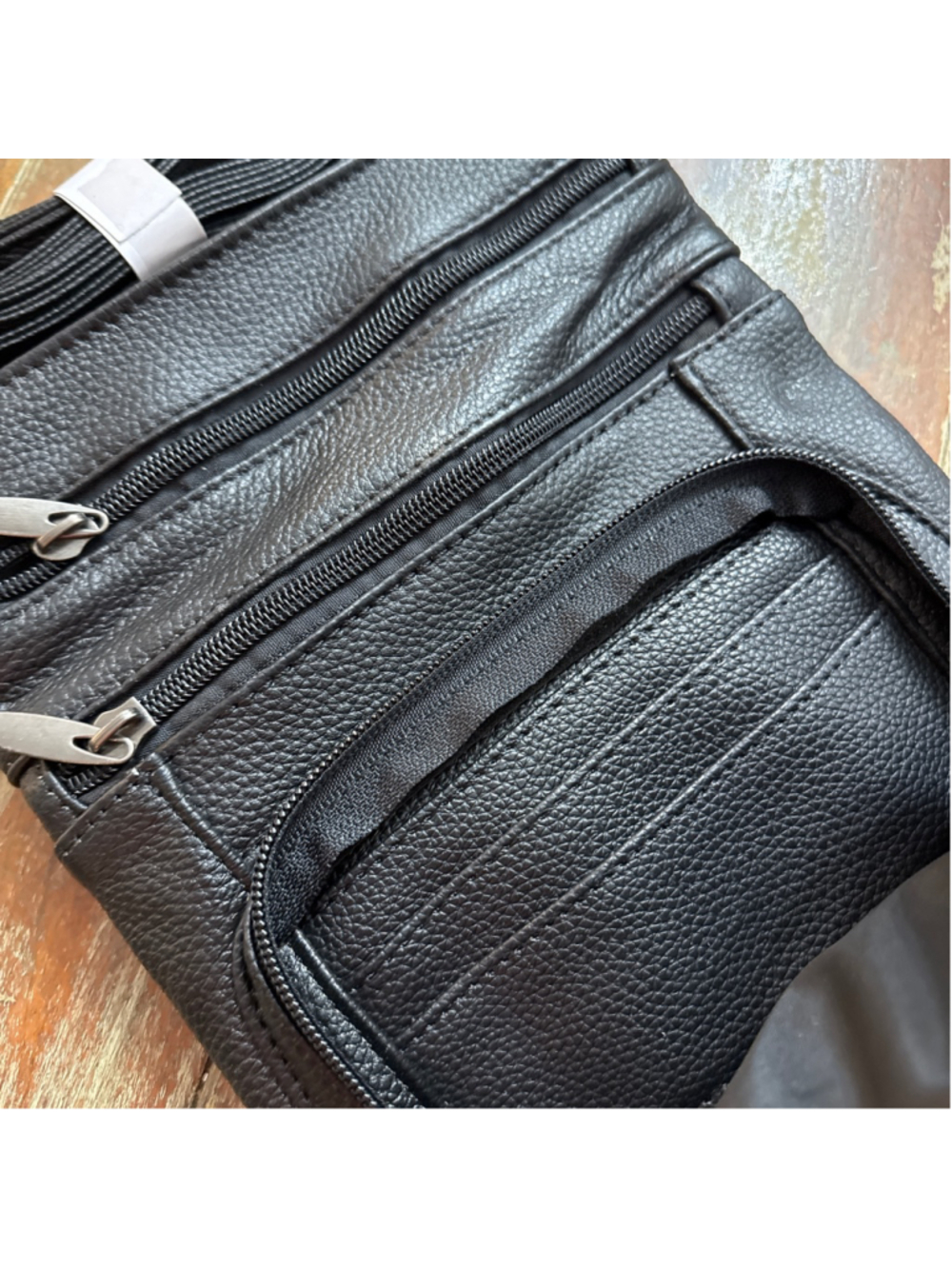 Genuine Leather Crossbody Bag Black Pebble Leather Multi-Zip Travel Pockets - Picture 4 of 9